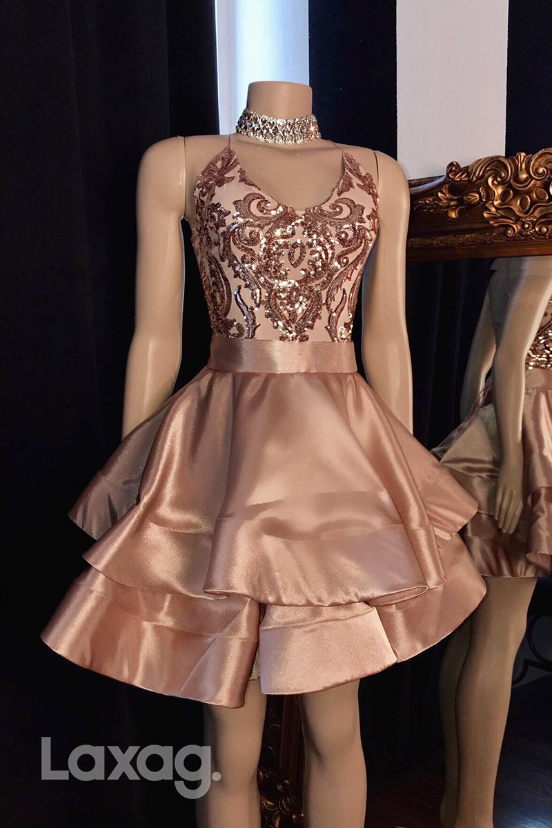 13152 - V-Neck Glitter Ruched Sequined Tiered Homecoming Dress