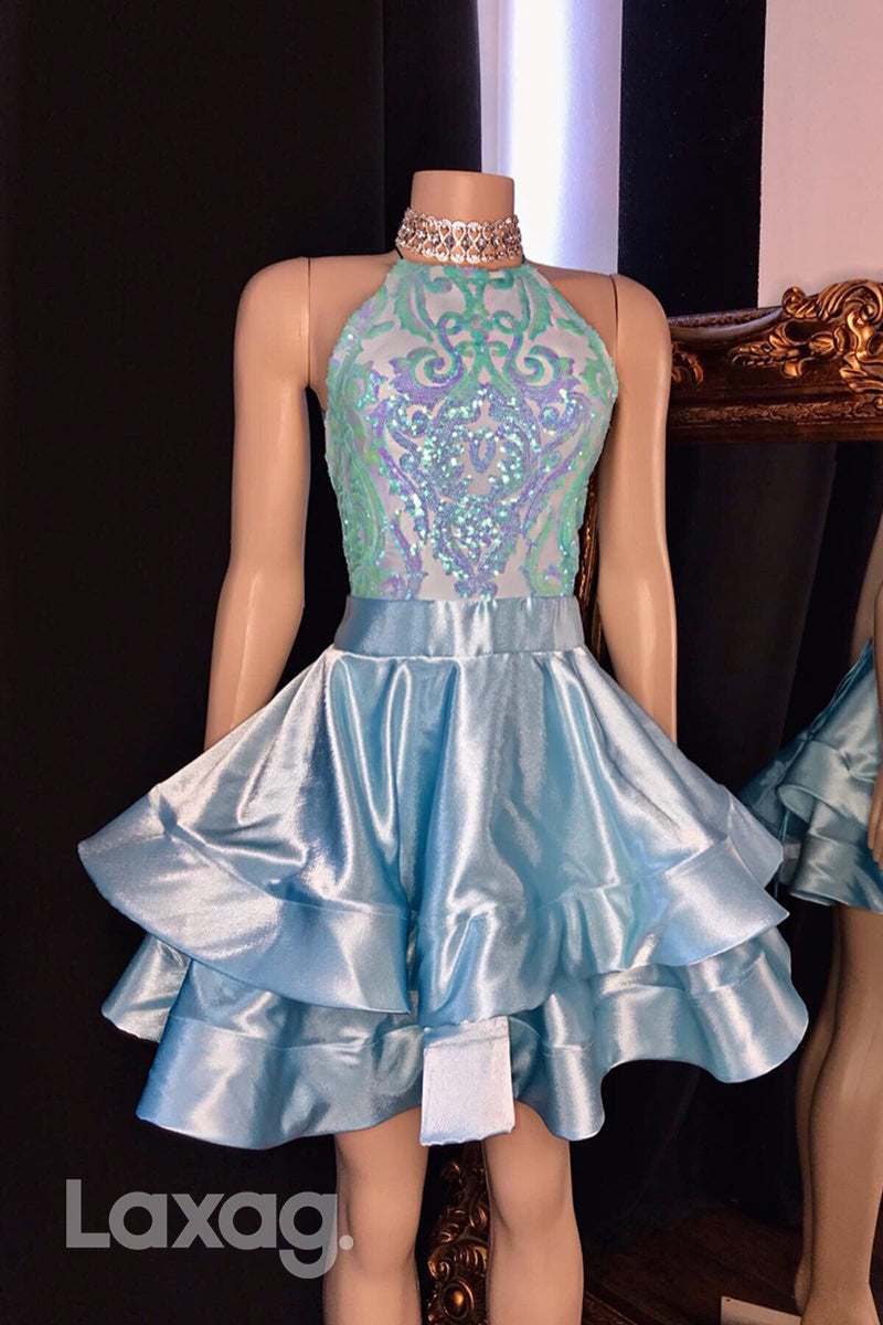 13153 - High Neck Glitter Ruched Sequined Tiered Homecoming Dress