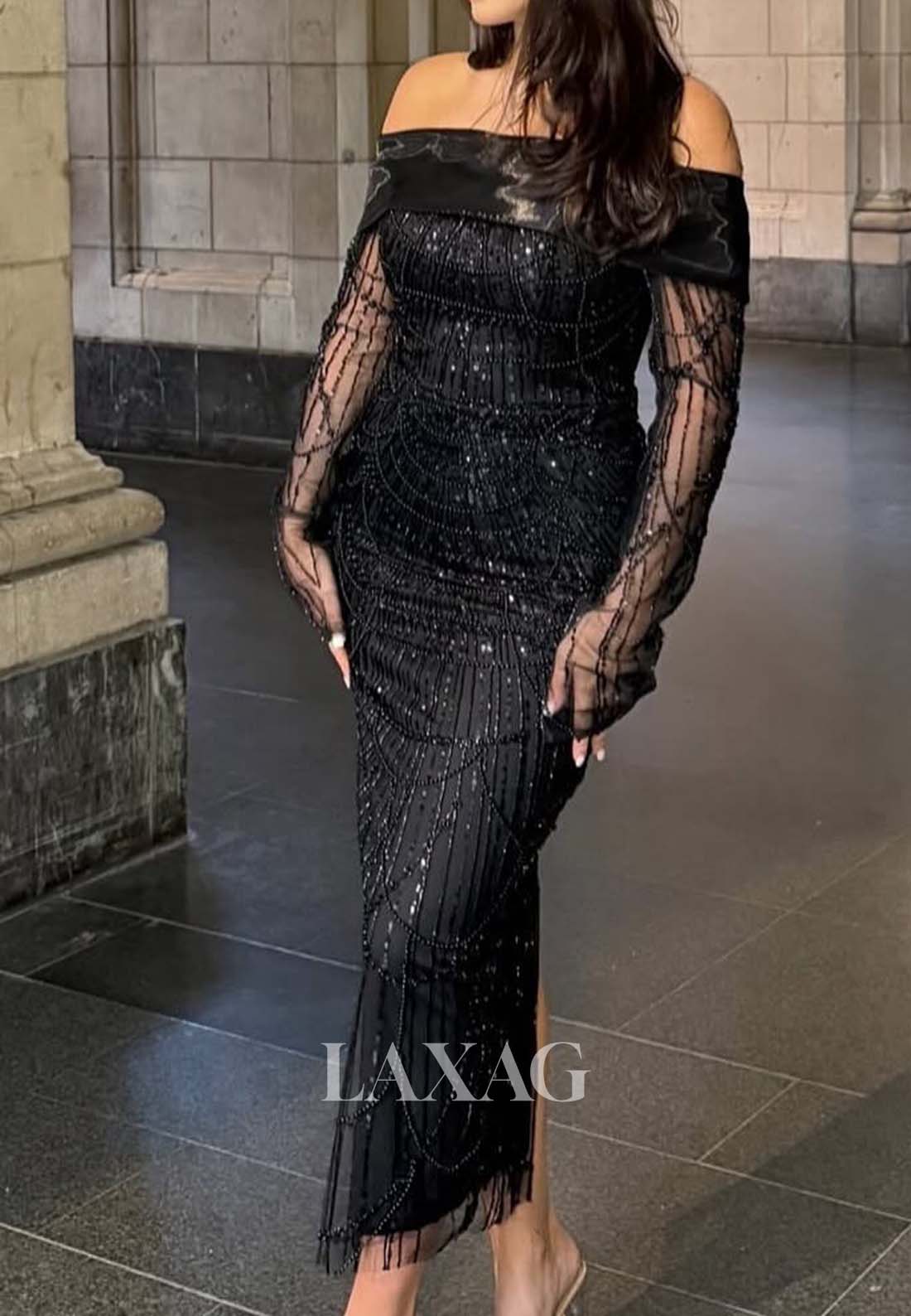 Tube Top Long-Sleeves Fully Beaded Evening Dress Off-Shoulder Pleated Ankle-Length Formal Gowns