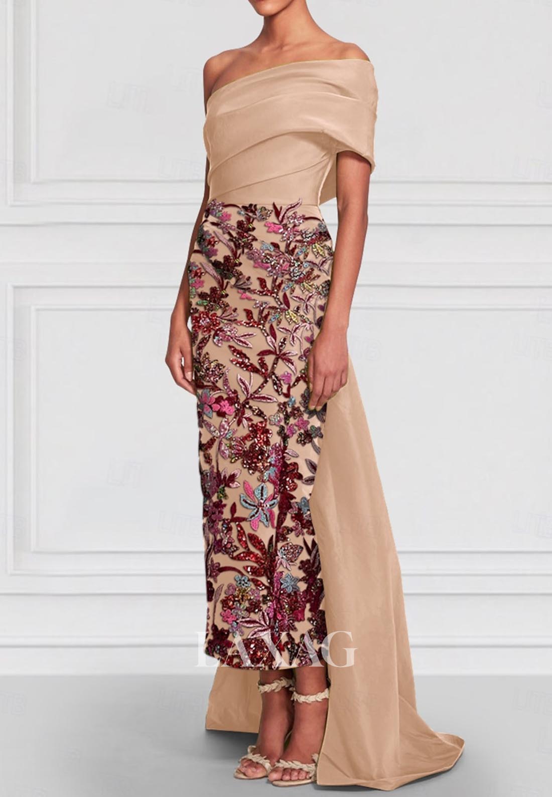 Asymmetrical-Neck Ankle-Length Mermaid Evening Gowns Floral Embroidered Sequined Formal Gowns