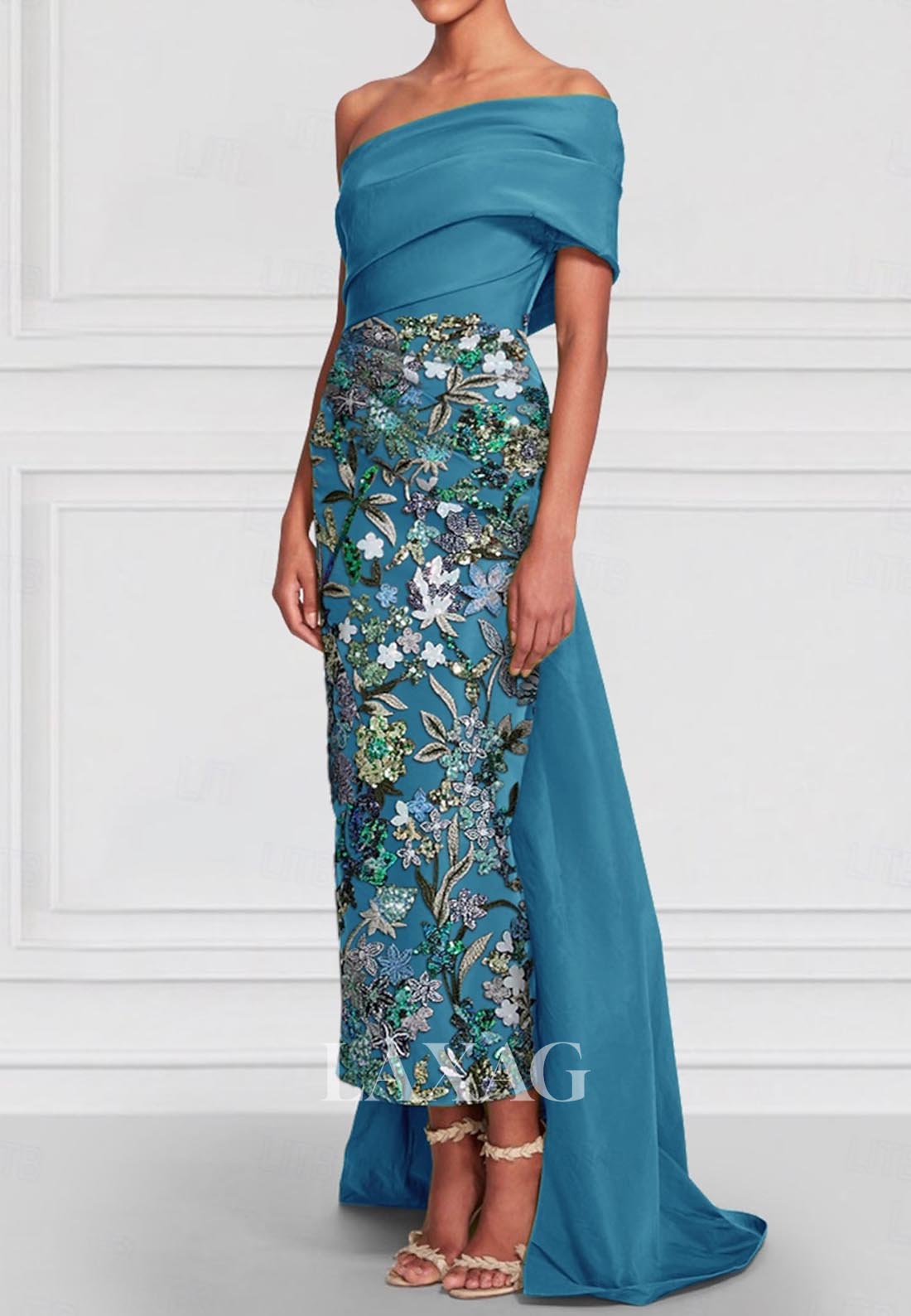 Off-Shoulder Asymmetrical-Neck Floral Embroidered Satin Ankle-Length Mermaid Evening Gowns