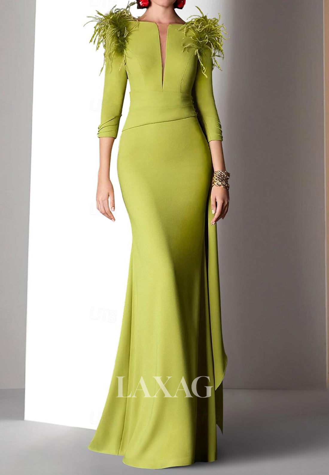Plunging V-Neck Long Sleeves Fitted Wedding Guest Dress Fringed Pleate Plunging V-Neck Long Sleeves Fitted Wedding Guest Dress Fringed Pleate
