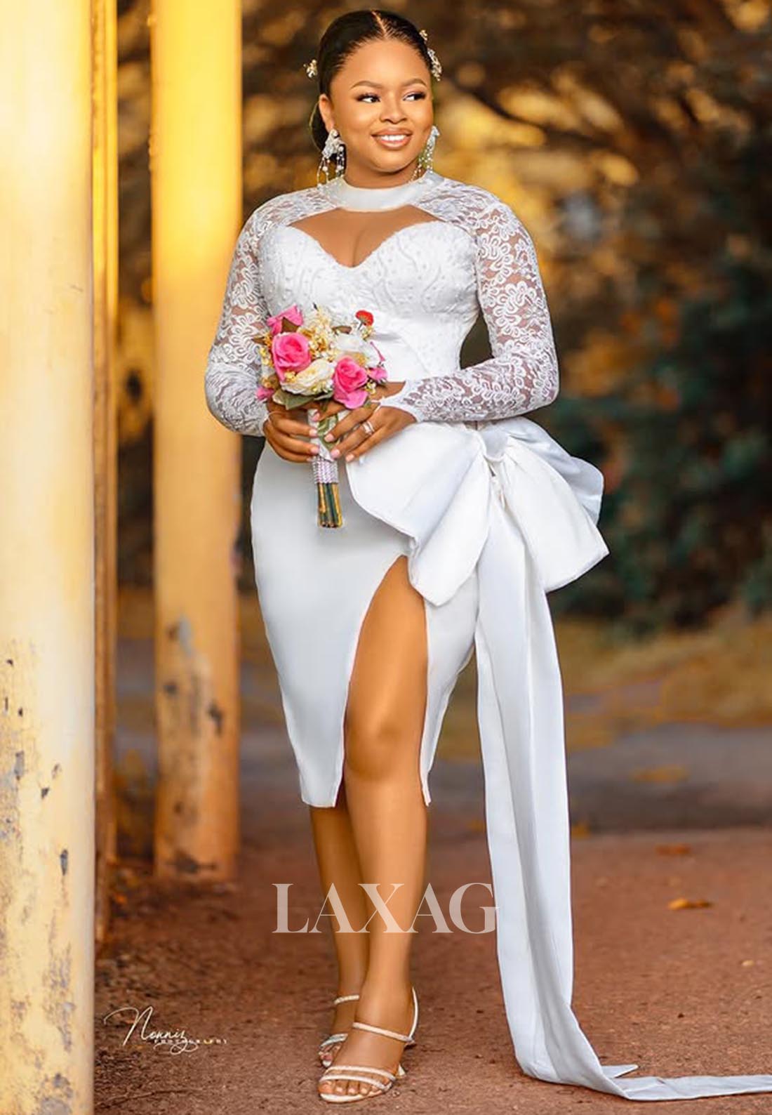 Sweetheart Long-Sleeves Lace Applique Pleated Satin Tea-Length Mermaid Laxag Sweetheart Long-Sleeves Lace Applique Pleated Satin Tea-Length Mermaid Laxag