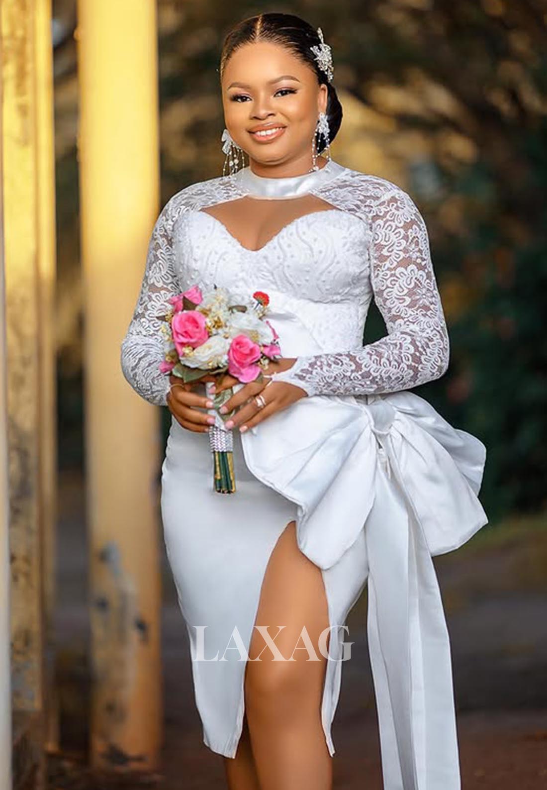 Sweetheart Long-Sleeves Lace Applique Pleated Satin Tea-Length Mermaid Wedding Dress with Big Bow