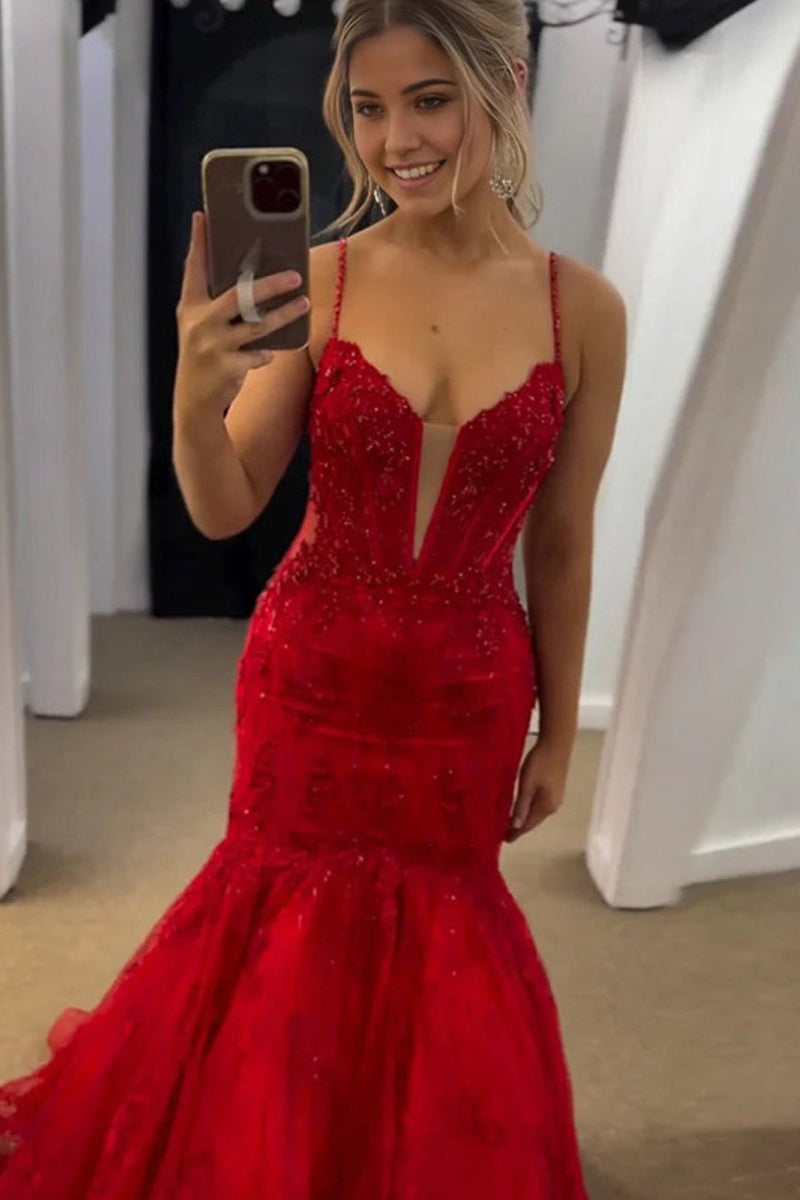 V-Neck Spaghetti Straps Sequined Applique Tulle Pleated Long Trumpet Mermaid Prom Dress