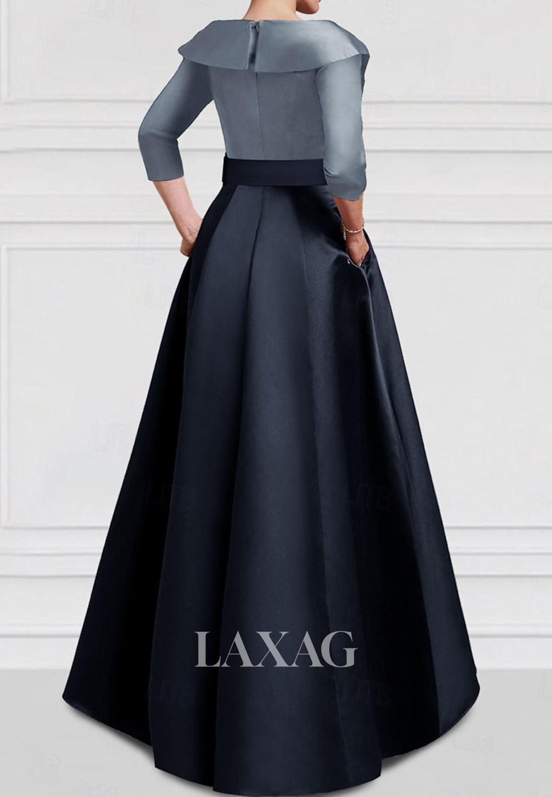 Half-Sleeves V-Neck Two Tone A-Line Wedding Guest Dress Pleated Satin Floor-Length Evening Gowns