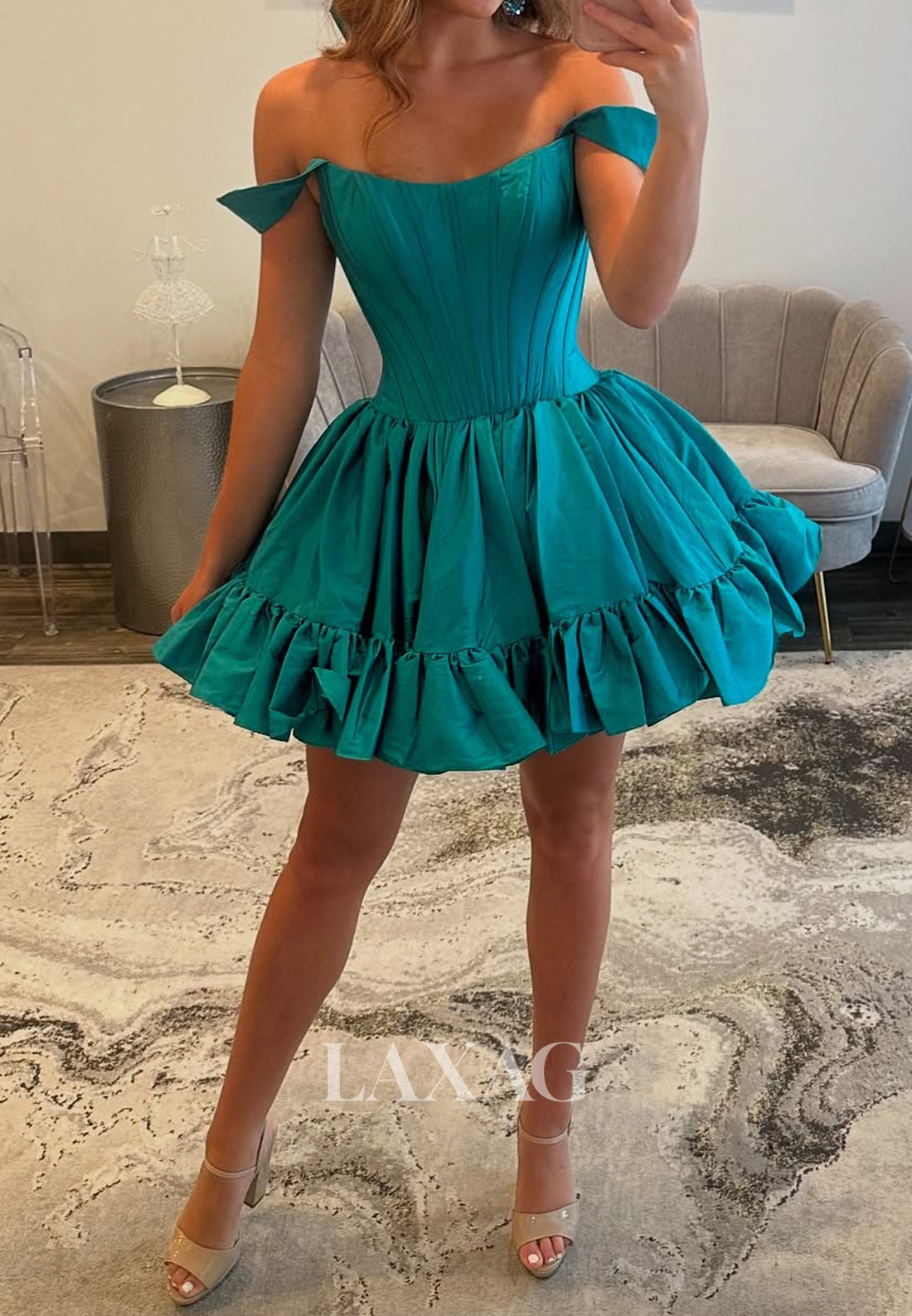Simple Scoop-Neck Off-Shoulder Sleeveless Pleated Satin Short A-Line P Laxag Simple Scoop-Neck Off-Shoulder Sleeveless Pleated Satin Short A-Line P Laxag