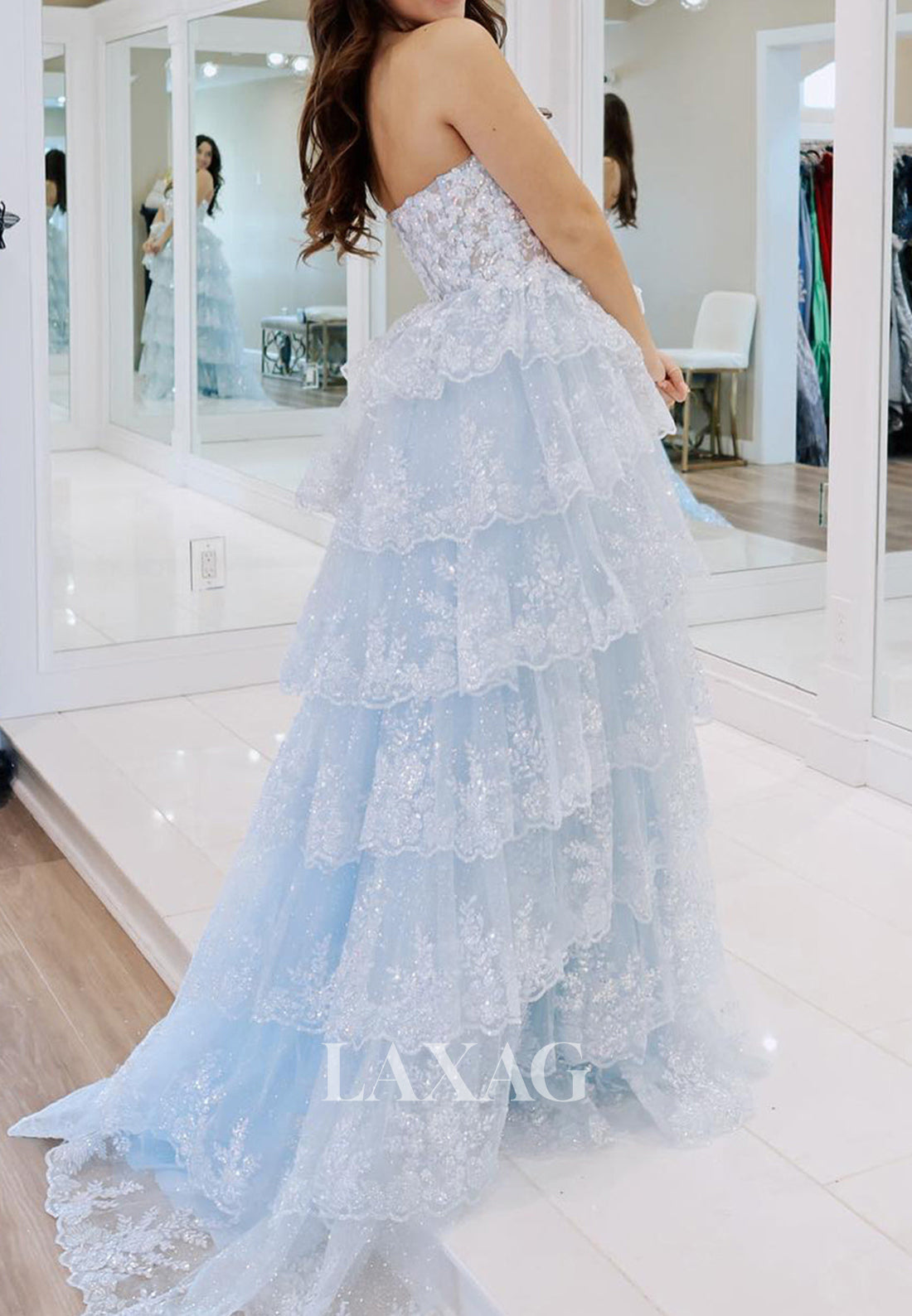 Scoop-Neck Sleeveless Sequined Beaded Applique Pleated Tiered A-Line Prom Dress with Sweep Train