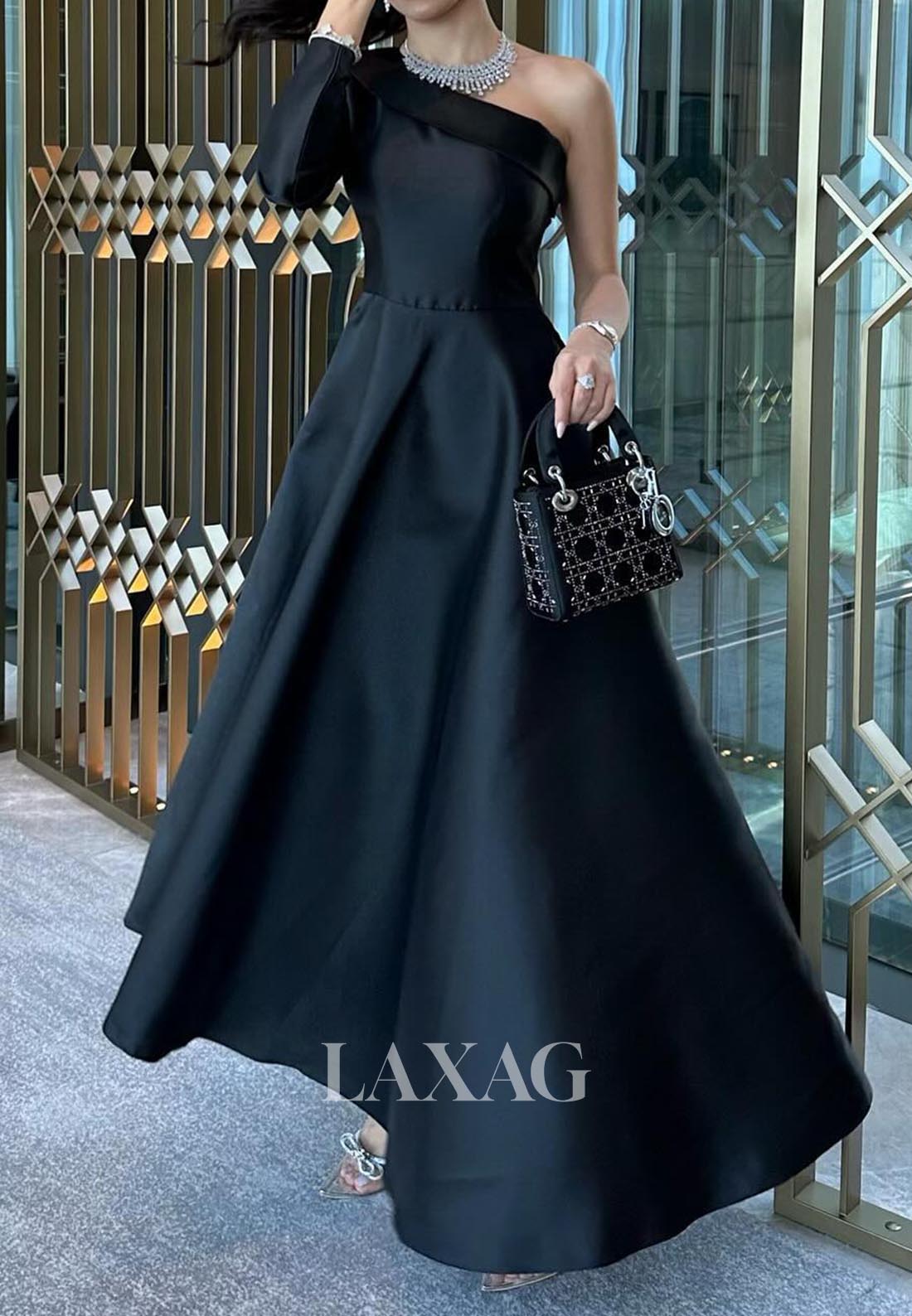 Asymmetrical-Neck One-Long-Sleeves A-Line Evening Dress Off-Shoulder Pleated Satin Formal Gowns Asymmetrical-Neck One-Long-Sleeves A-Line Evening Dress Off-Shoulder Pleated Satin Formal Gowns