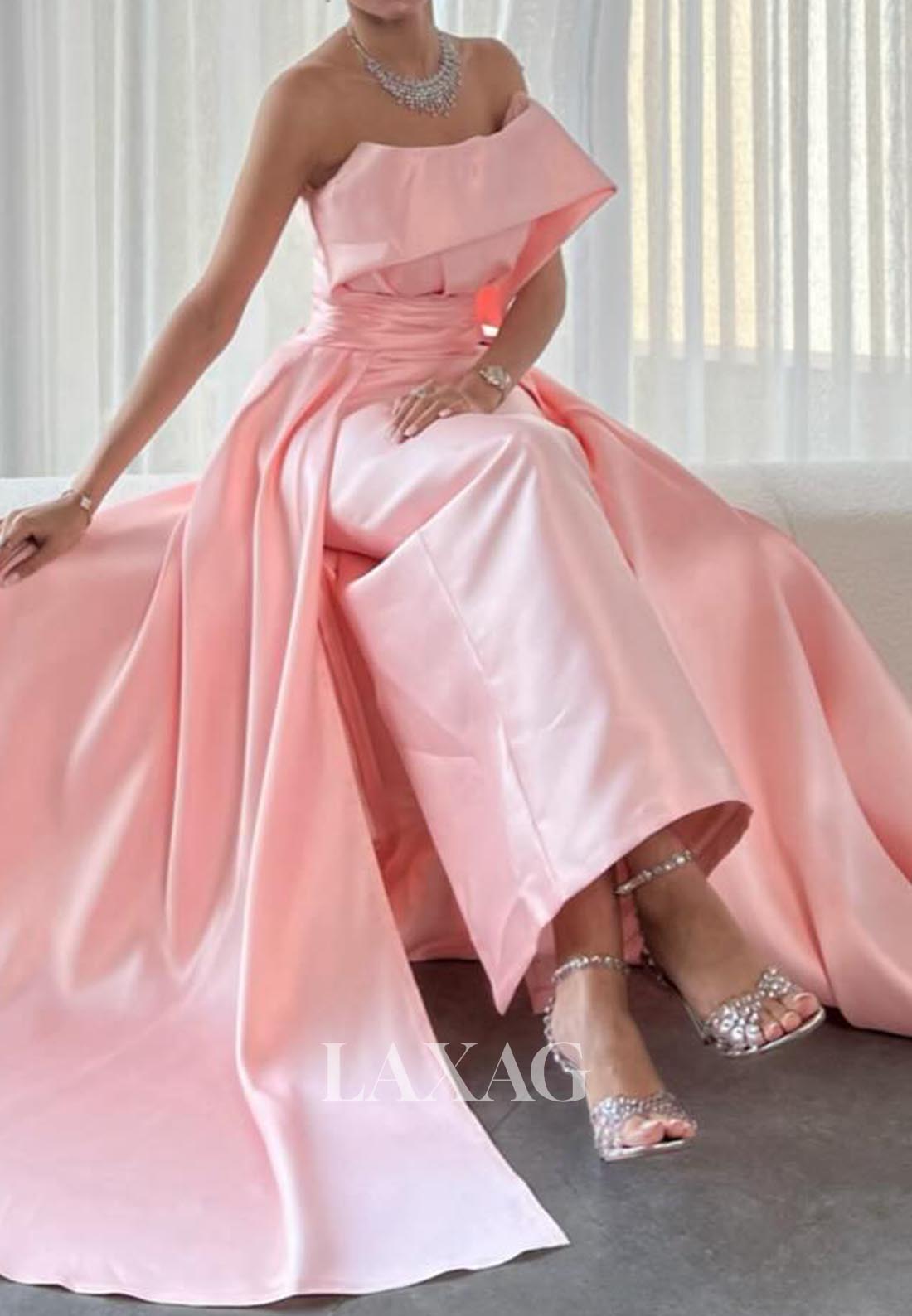 Tube Top Off-Shoulder Sleeveless Floor-Length Pleated Satin Mermaid Evening Dress with Overskirt