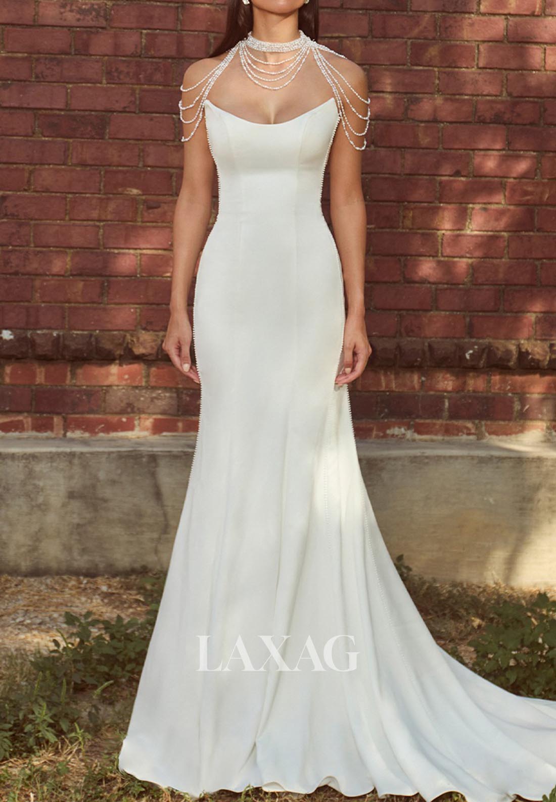 Scoop-Neck Off-Shoulder Satin Wedding Dress Sleeveless Beaded Sweep Tr Laxag Scoop-Neck Off-Shoulder Satin Wedding Dress Sleeveless Beaded Sweep Tr Laxag