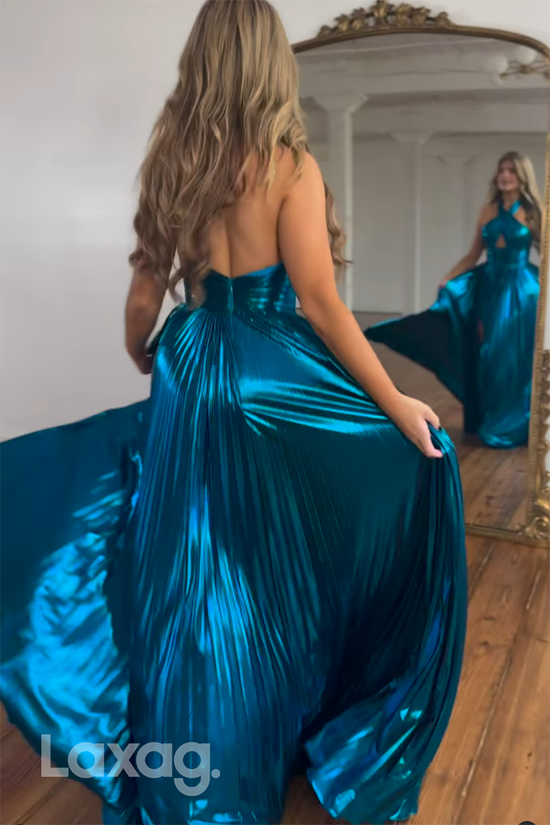 21944 - Chic Halter Ruched Long Blue Formal Prom Dress with Slit