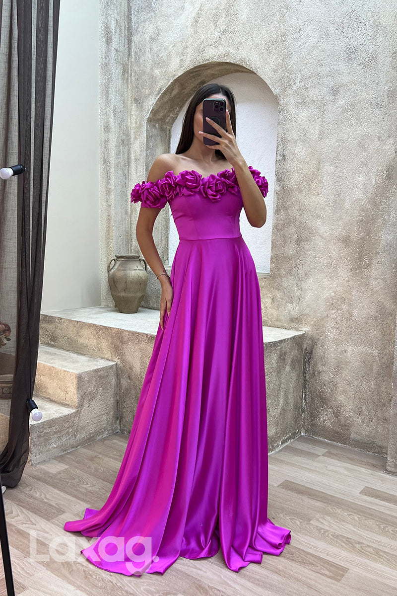 22071 - A Line Off Shoulder Flowers Long Formal Prom Dress