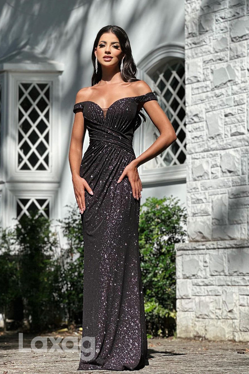 21898 - Off Shoulder Ruched Black Sparkly Formal Prom Dress with Slit Laxag 21898 - Off Shoulder Ruched Black Sparkly Formal Prom Dress with Slit Laxag