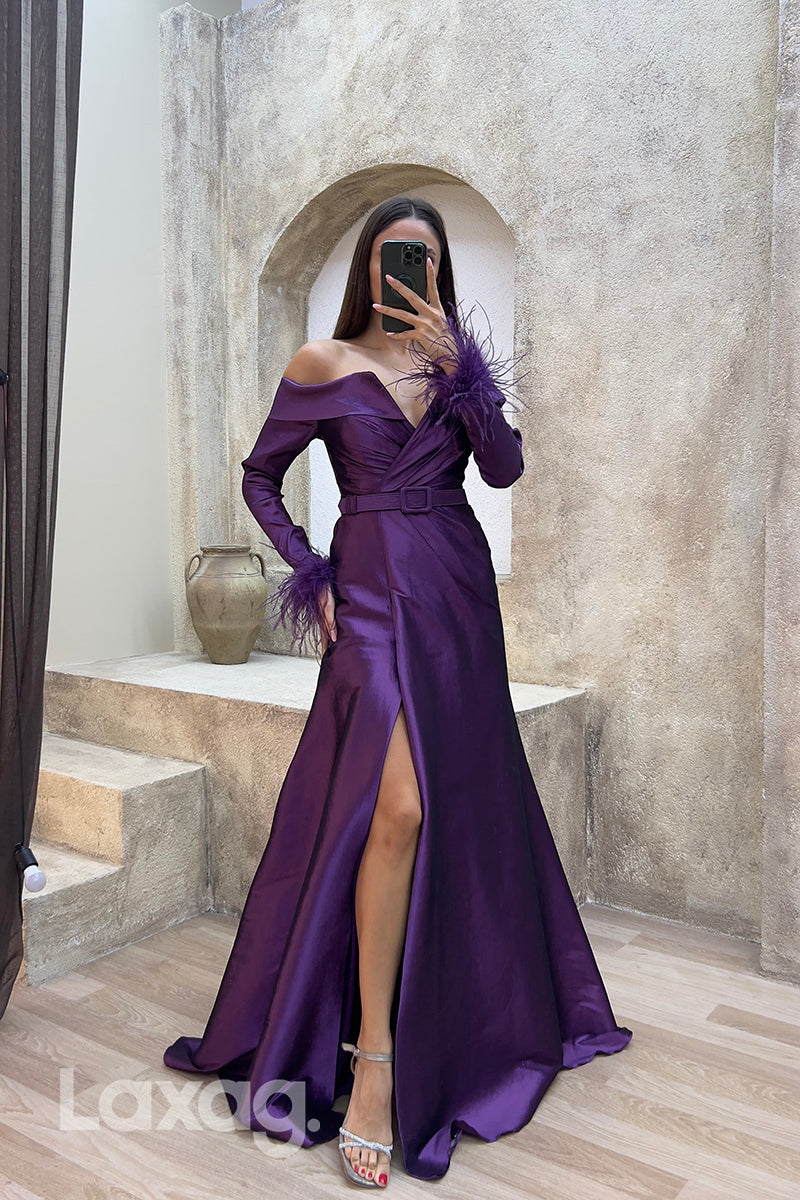 22078 - Sexy V neck Off Shoulder Feathers Long Sleeves Formal Evening Dress with Slit