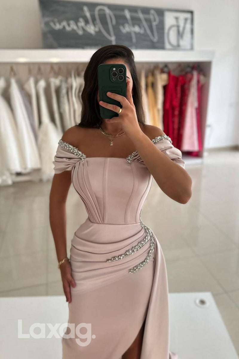14782 - Off the Shoulder Satin Ruched Beads Mermaid Formal Prom Dress with Slit