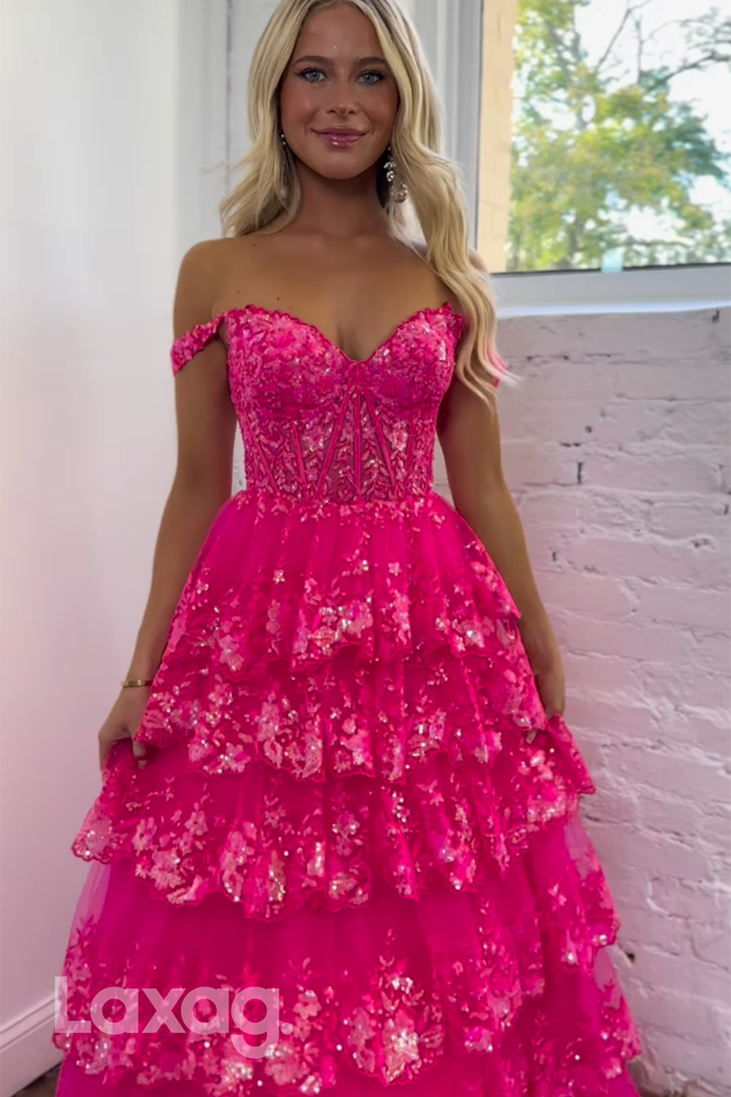 22059 A Line Off Shoulder Sequins Lace Pink Long Semi Formal
