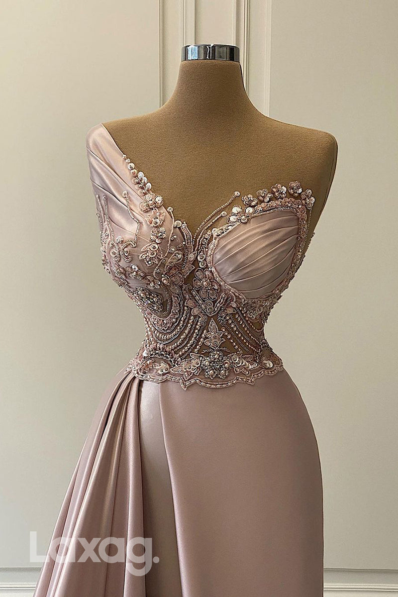 22030 - Chic One Shoulder Beads Ruched Long Formal Evening Dress