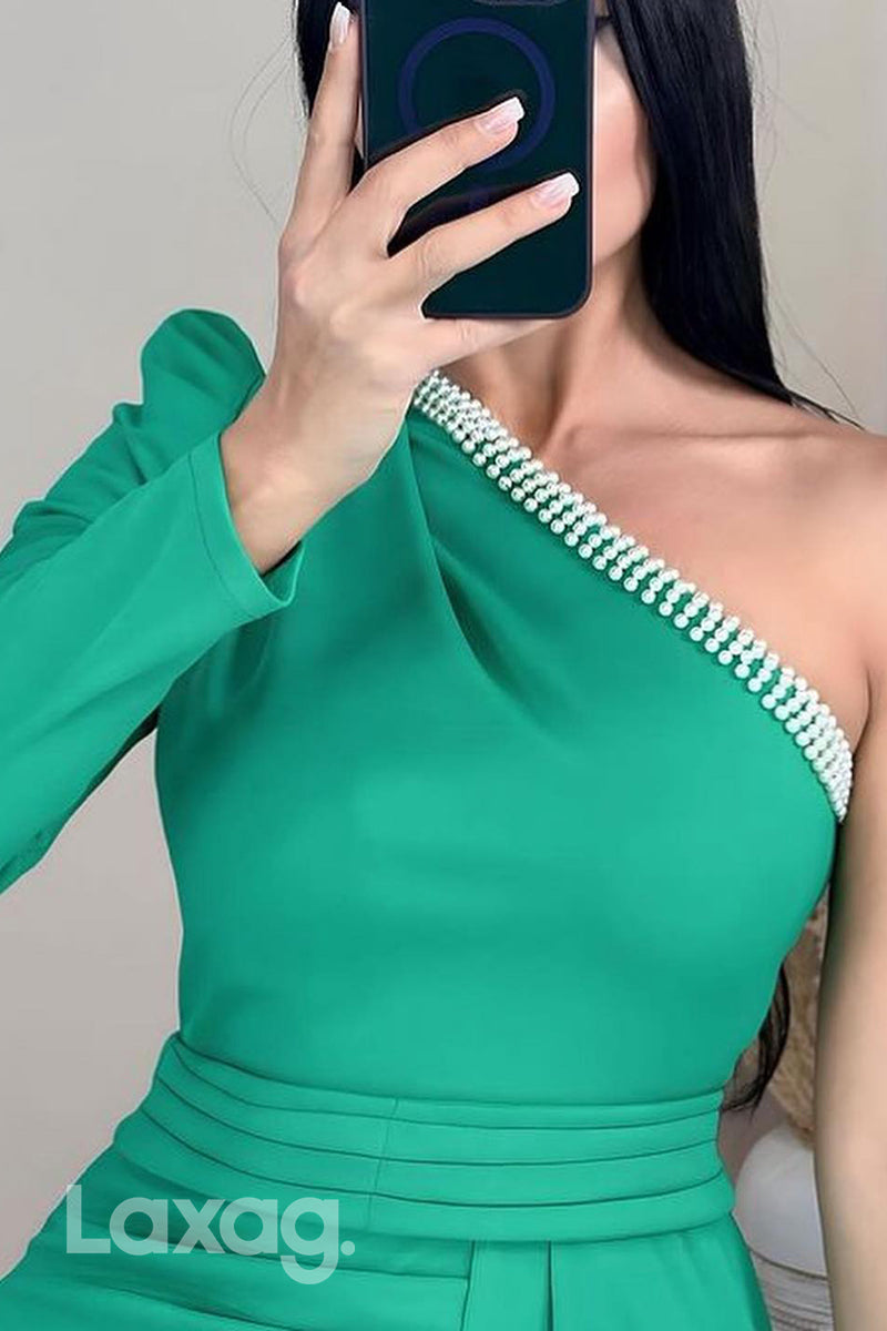 21941 - One Shoulder Beads Long Sleeves Mermaid Formal Evening Gowns