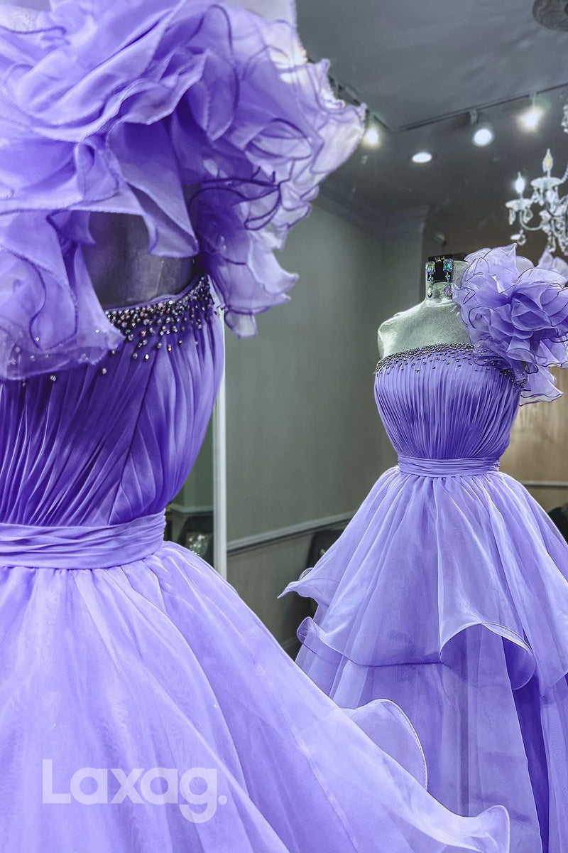 22005 - A Line One Shoulder Ruffles Long Semi Formal Prom Dress