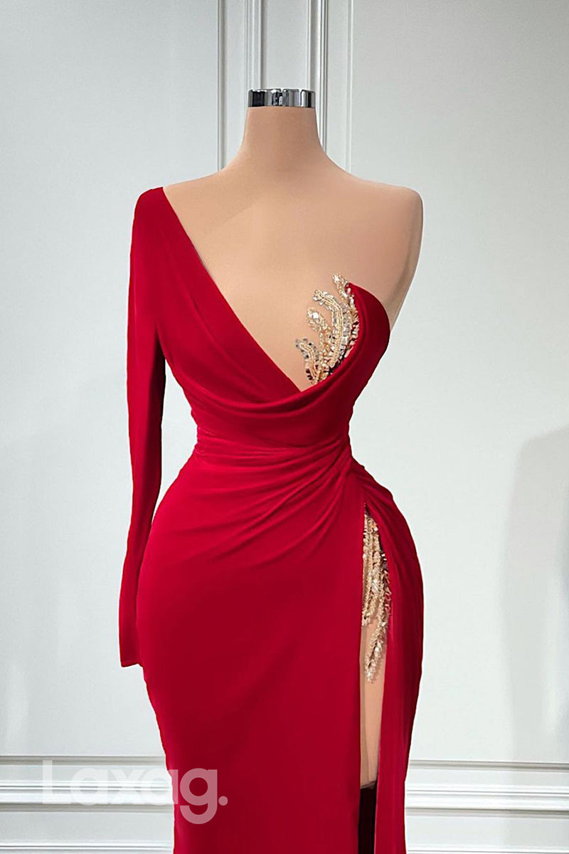 22033 - Unique One Shoulder Ruched Mermaid Formal Prom Dress with Sleeves