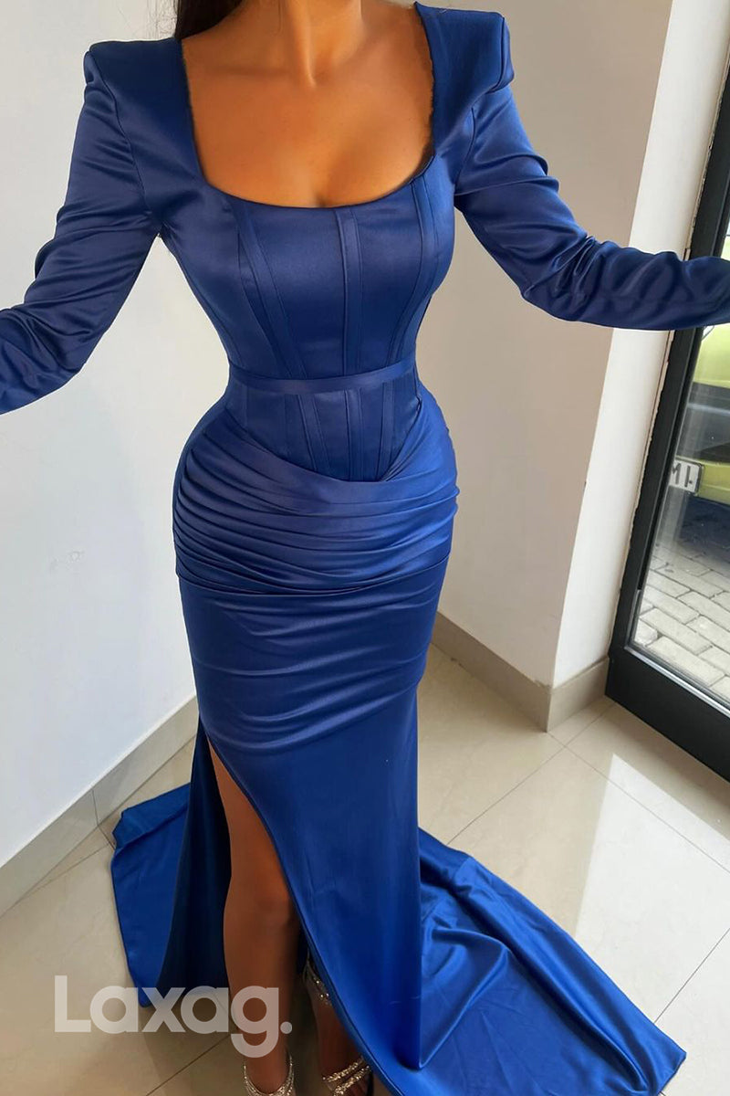 21983 - Unique Scoop Ruched Long Sleeves Formal Evening Dress with Slit