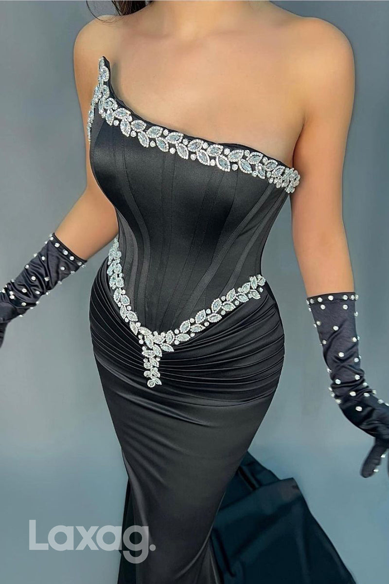 22021 - Strapless Beads Ruched Mermaid Long Formal Prom Dress