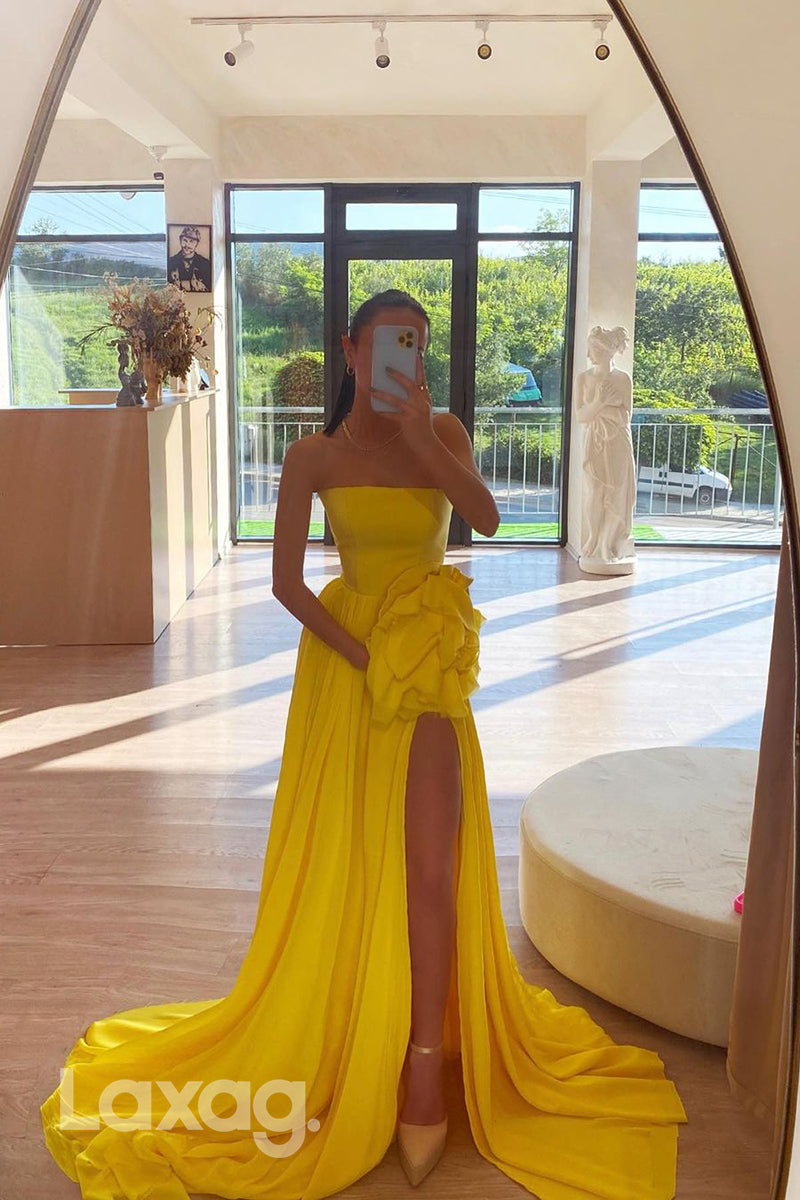 21908 - A Line Strapless Yellow Elegant Long Formal Prom Dress with Sl Laxag 21908 - A Line Strapless Yellow Elegant Long Formal Prom Dress with Sl Laxag