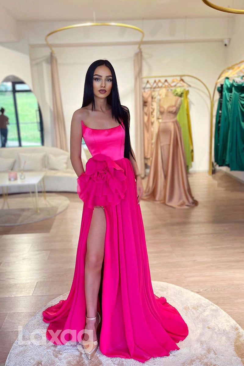 21909 - A line Strapless Flowers Pink Long Formal Prom Dress with Slit 21909 - A line Strapless Flowers Pink Long Formal Prom Dress with Slit