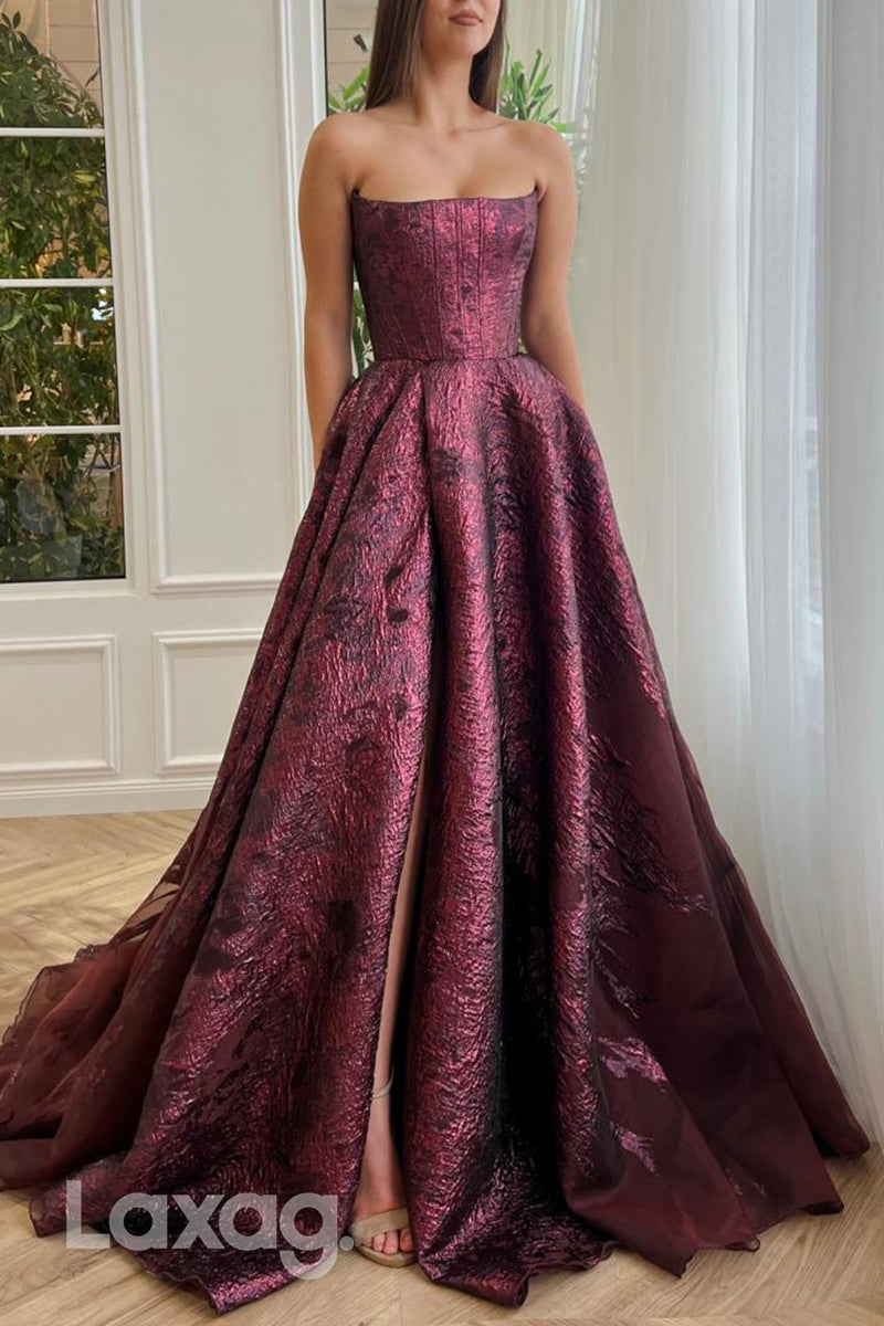 16709 - A Line Strapless High Split Burgundy Formal Prom Dress with Pockets 16709 - A Line Strapless High Split Burgundy Formal Prom Dress with Pockets
