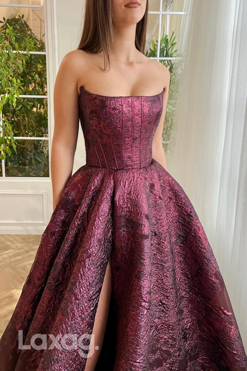 16709 - A Line Strapless High Split Burgundy Formal Prom Dress with Pockets