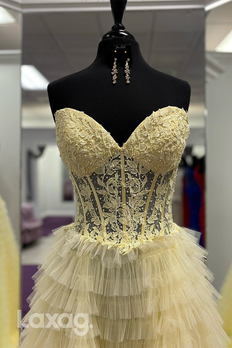 22010 - A line Sweetheart Lace Appliques Long Semi Formal Prom Dress with Slit