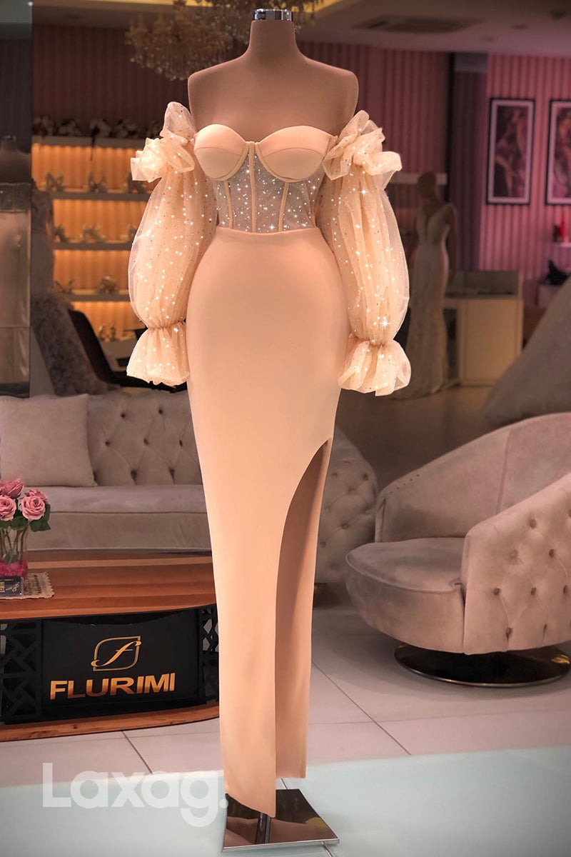 21886 - Sweetheart Long Sleeves Mermaid Formal Prom Dress with Slit