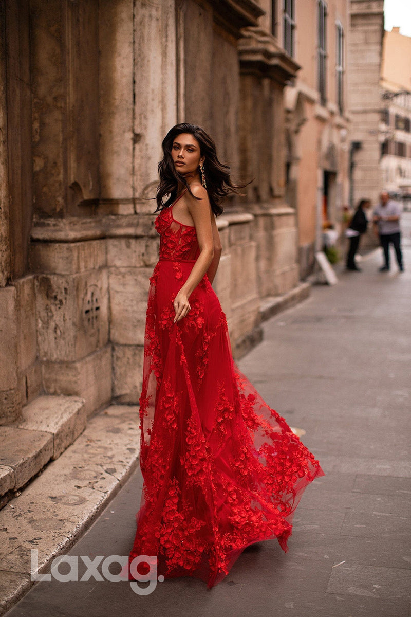 22079 - Spaghetti Straps 3D Lace Red Long A line Prom Dress