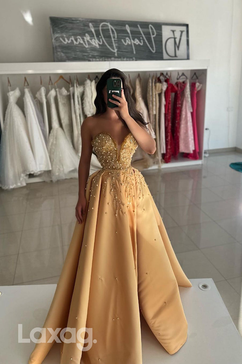 14767 - A Line Sexy V neck Beads Long Formal Evening Dress with Slit