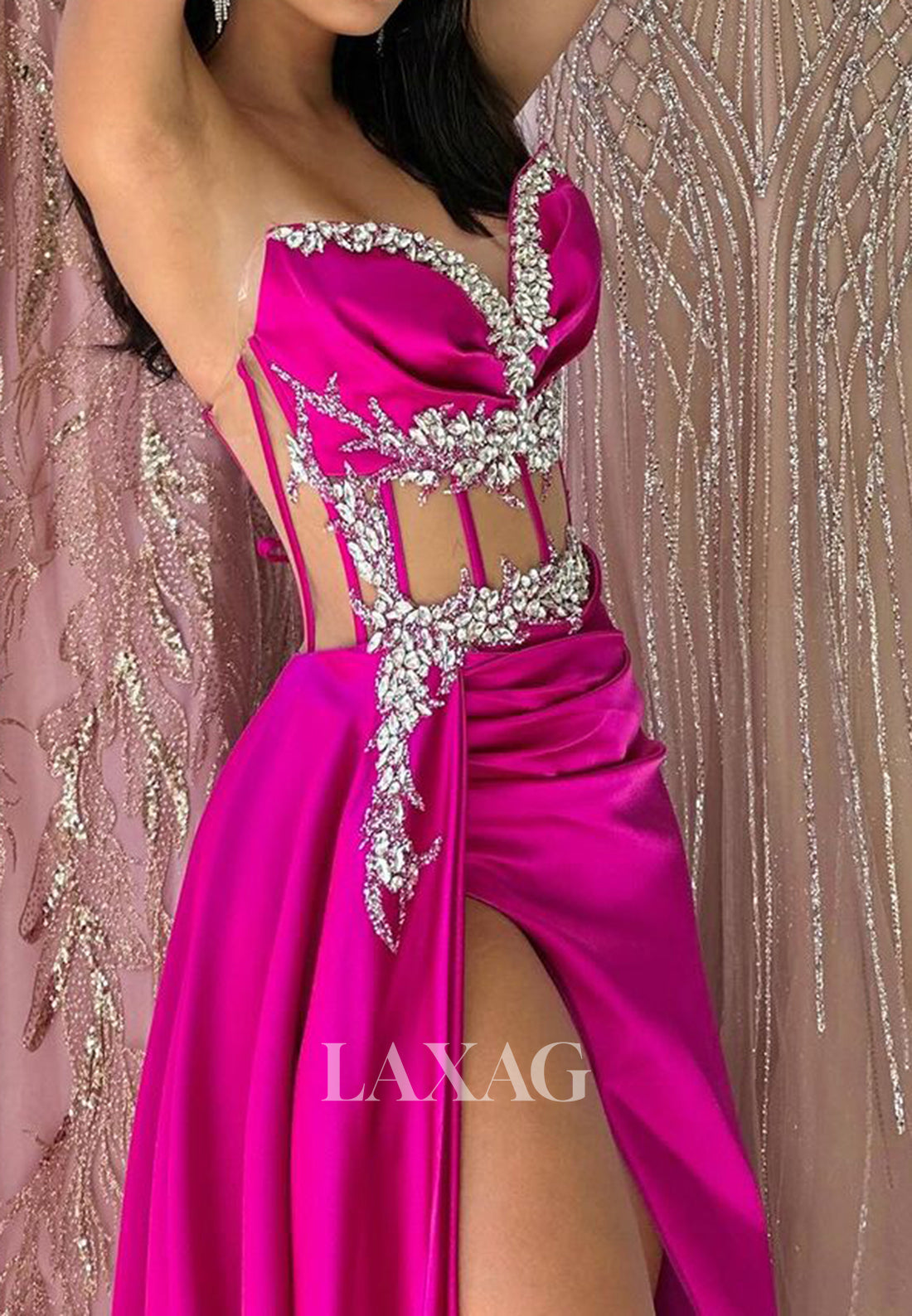 19792 - فستان حورية البحر طويل مثير بفتحة رقبة على شكل حرف V ومزين بالخرز وفتحة جانبية لحفلات التخرج