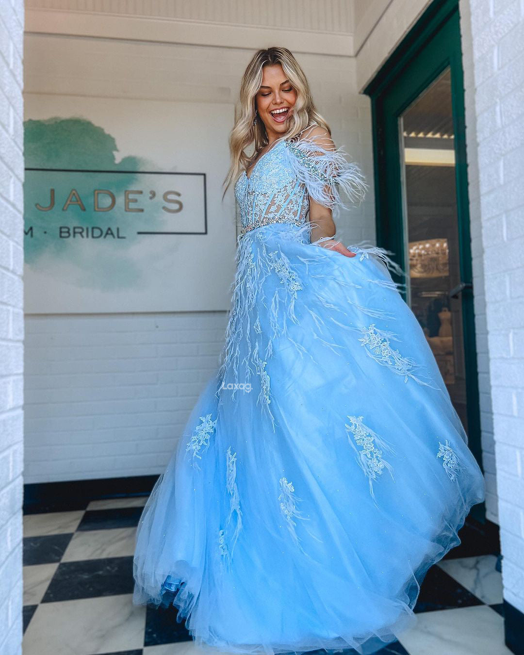 22007 - A Line V neck Lace Appliques Feathers Long Formal Prom Dress