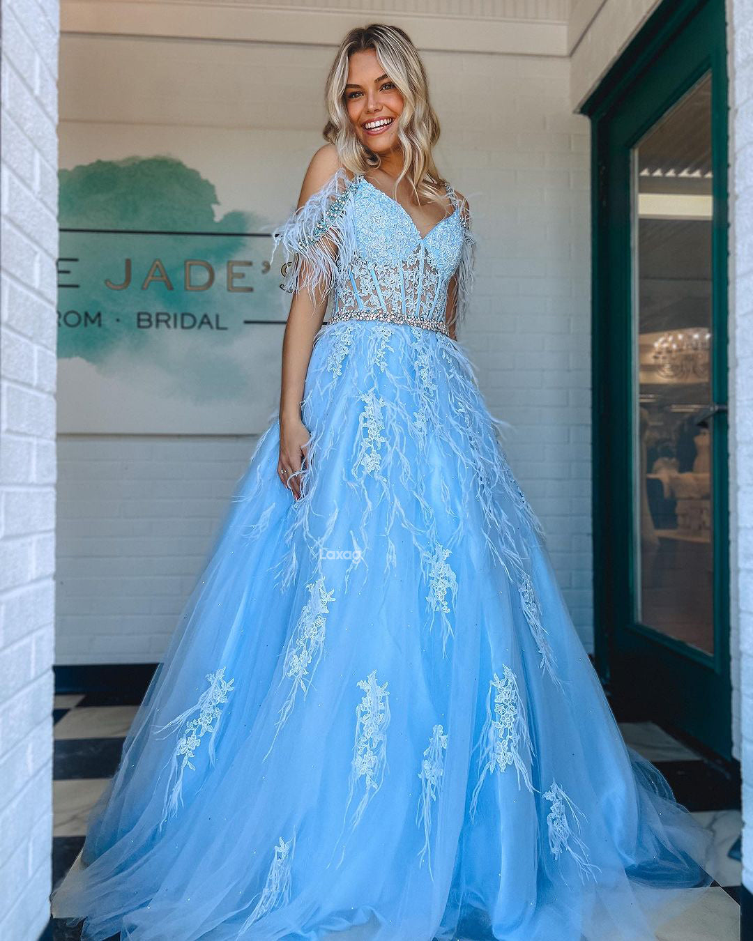 22007 - A Line V neck Lace Appliques Feathers Long Formal Prom Dress 22007 - A Line V neck Lace Appliques Feathers Long Formal Prom Dress