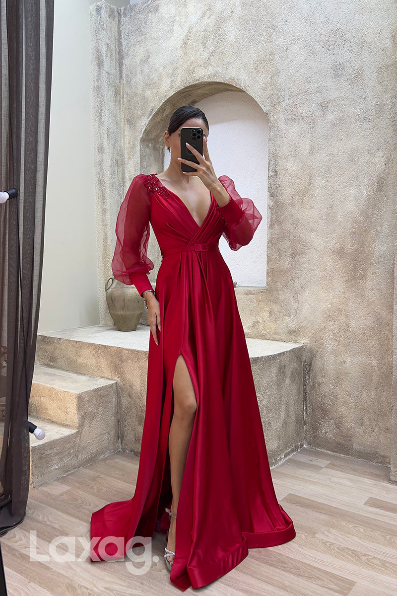 22074 - A Line Sexy V neck Ruched Long Sleeves Formal Evening Dress wi Laxag 22074 - A Line Sexy V neck Ruched Long Sleeves Formal Evening Dress wi Laxag