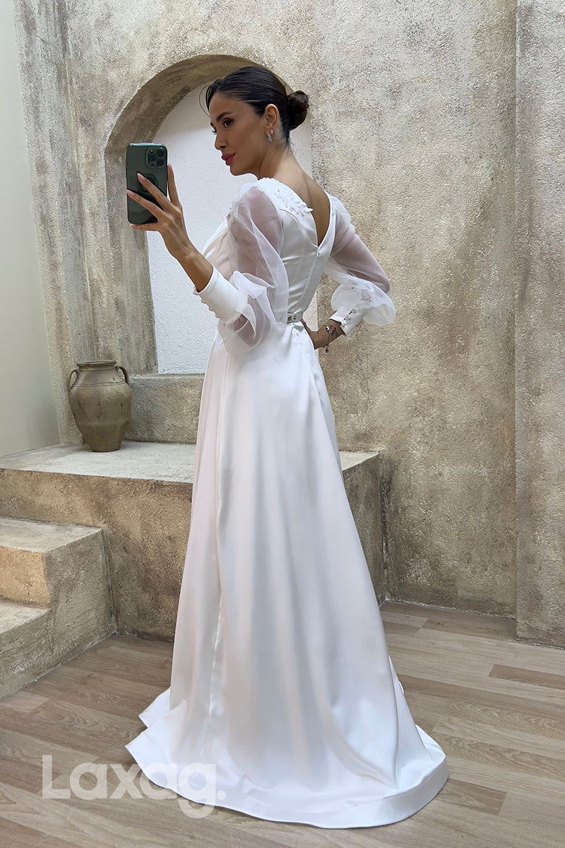 22074 - A Line Sexy V neck Ruched Long Sleeves Formal Evening Dress with Slit