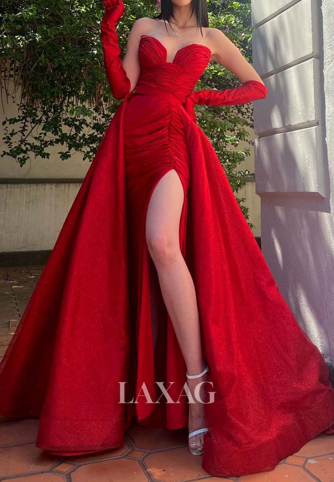 Sweetheart Off-Shoulder Sleeveless Pleated Mermaid Long Formal Prom Dress with Long-Gloves