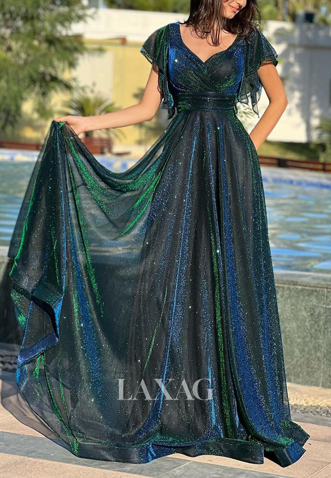 A-Line V-Neck Cap-Sleeves Formal Dress Glitter-Knit Pleated Tulle Prom Dress A-Line V-Neck Cap-Sleeves Formal Dress Glitter-Knit Pleated Tulle Prom Dress