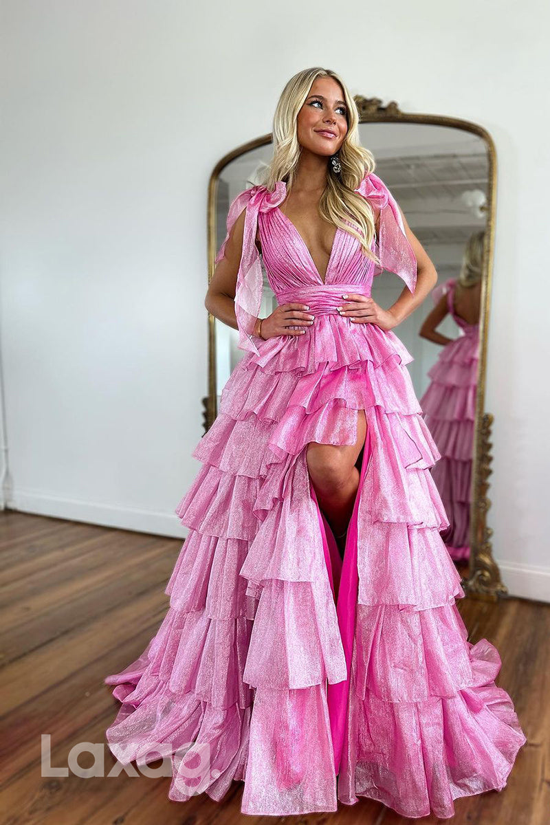 16755 - A Line Deep V neck Tiered Pink Long Semi Formal Prom Dress wit Laxag 16755 - A Line Deep V neck Tiered Pink Long Semi Formal Prom Dress wit Laxag