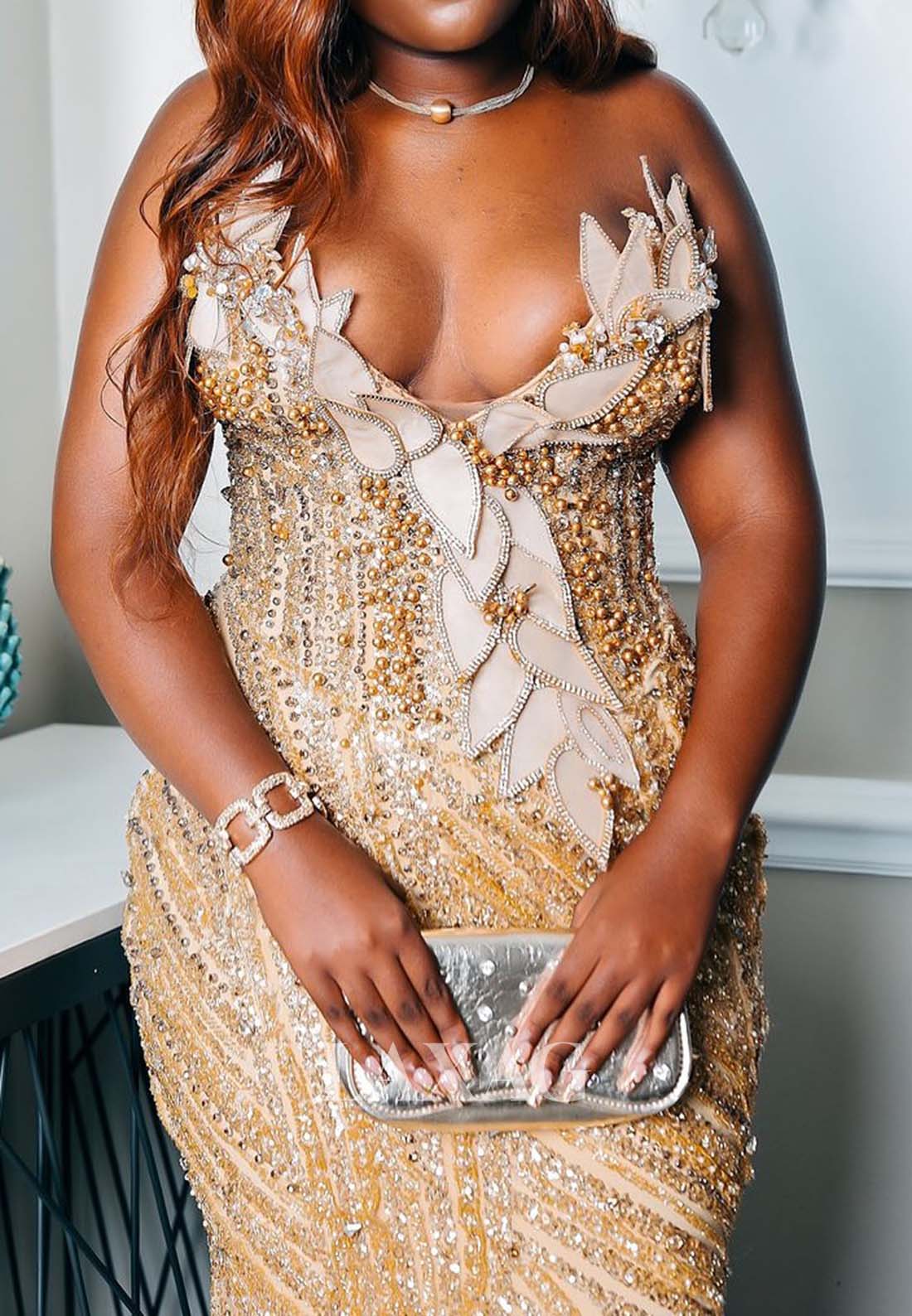 V-Neck Off-Shoulder Sleeveless Fully Sequined Beaded Pleated Sweep Train Mermaid Prom Dress