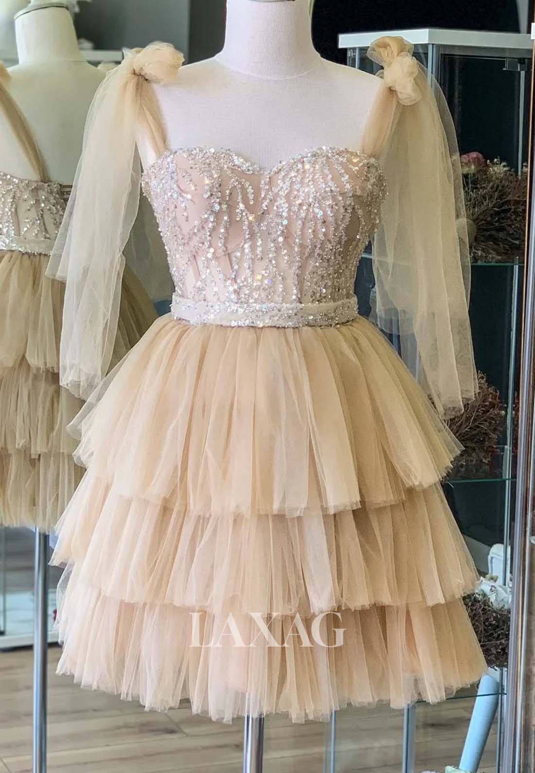 Sweetheart Off-Shoulder Sequined Pleated Tiered Tulle A-Line Party Homecoming Dress