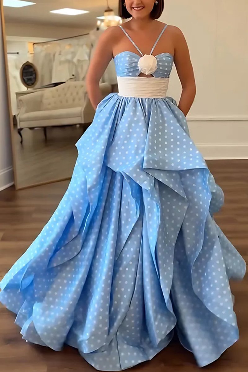 Sweetheart Spaghetti Straps A-Line Prom Dress Sleeveless Pleated Polka –  Laxag