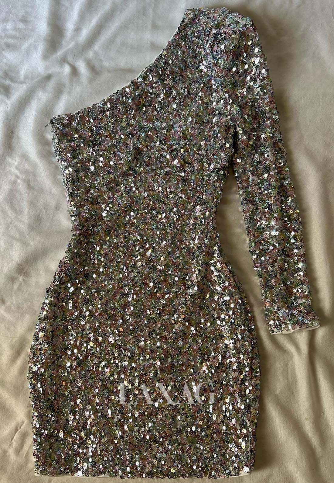 Asymmetrical-Neck One-Long-Sleeve Fully Sequined Short Mermaid Party Homecoming Dress