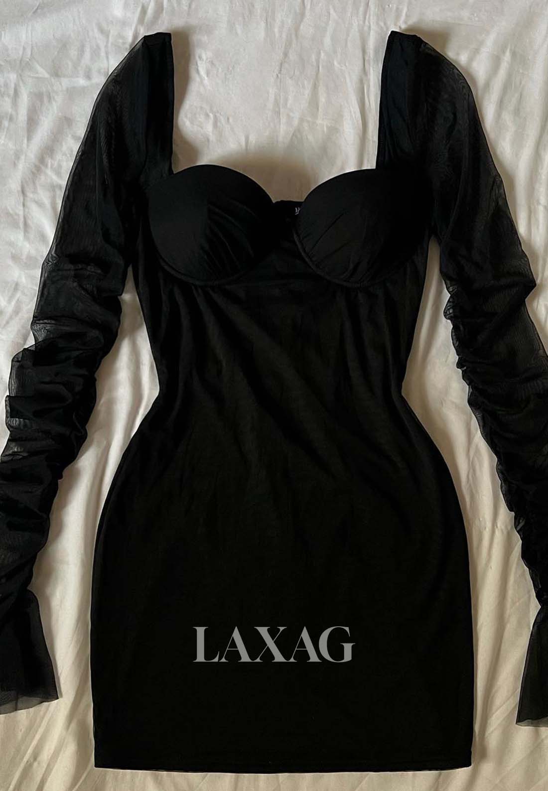 Sweetheart Long-Sleeves Pleated Sheer Tulle Short Mermaid Party Homecoming Dress