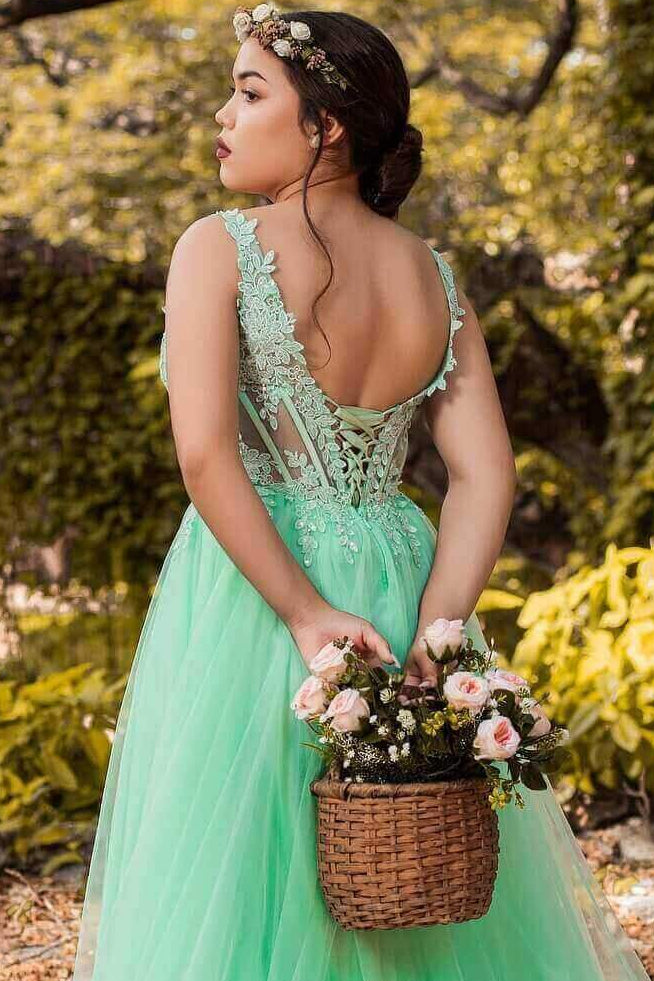 Deep V-Neck Spaghetti Straps Beaded Applique Tulle Pleated High Slit A-line Prom Dress