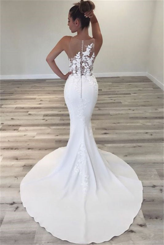 Scoop-Neck Floral Embellished Satin&Tulle Mermaid Wedding Dress with Sweep Train